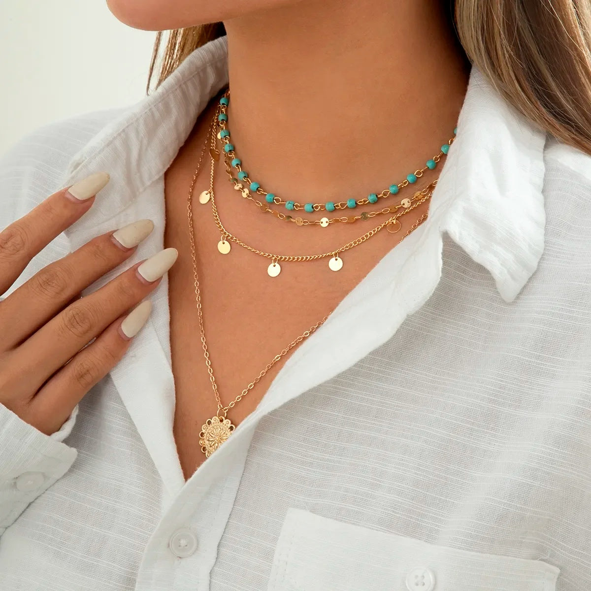 4 Pcs Boho Stone Flower Necklace Set - image 4